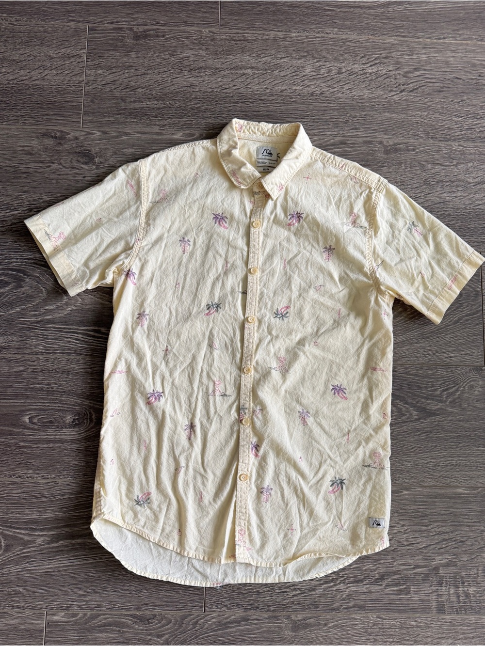 Quiksilver Light Cream Short Sleeve Button-Down with Pink & Green Palm Print